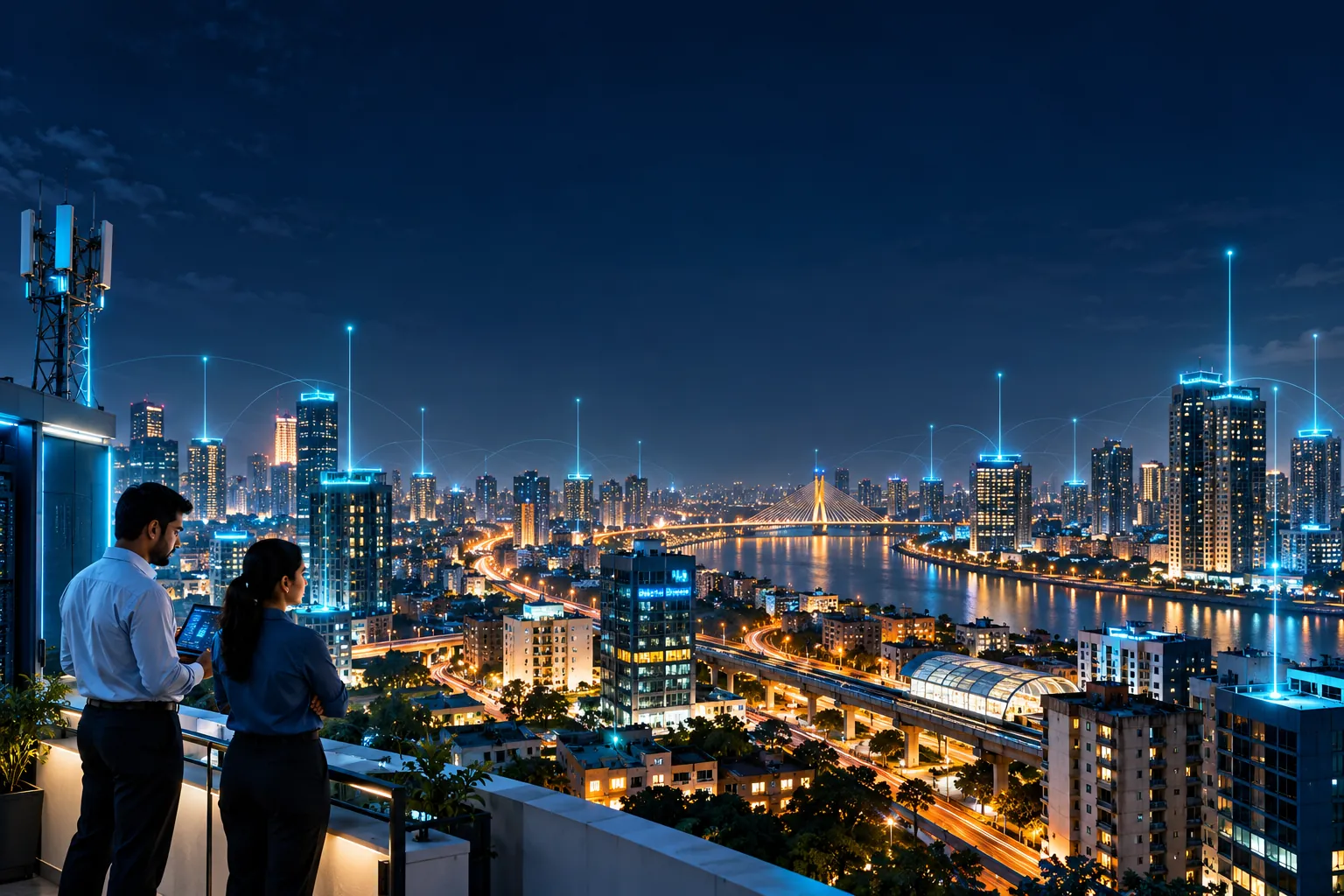 An Indian smart city skyline at night with cyan data lines rising to rooftop edge nodes