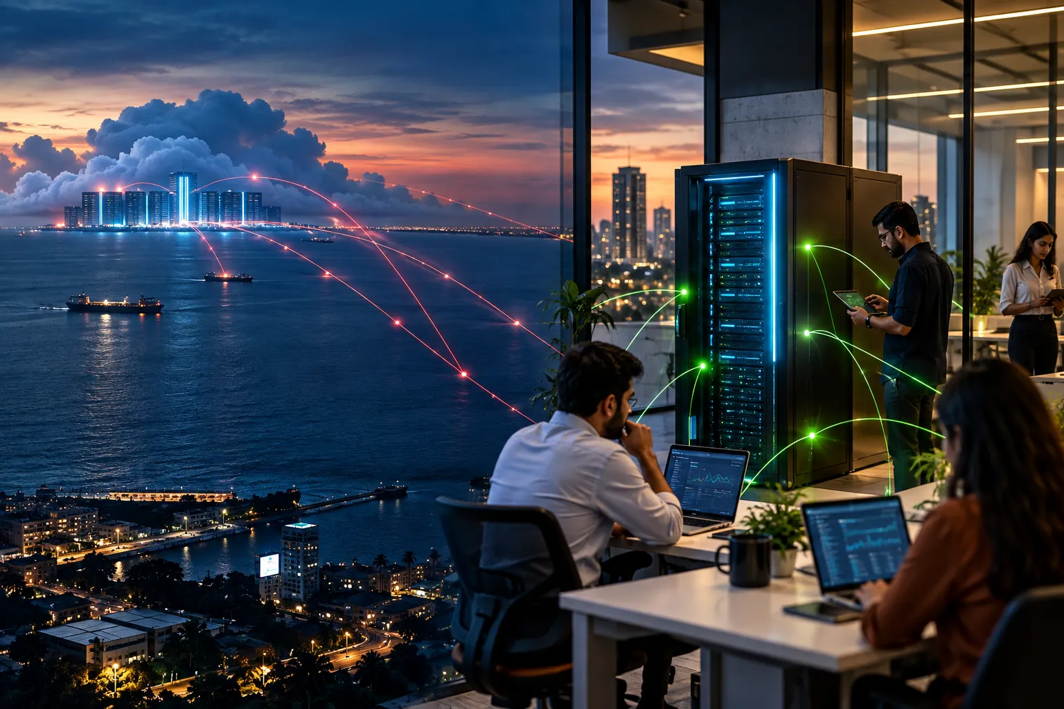 A distant cloud region linked by long red latency lines, beside a compact micro data center with short green links to nearby devices